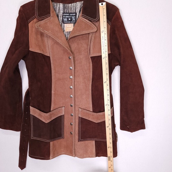 Vintage 70s Two Tone Brown Patchwork Suede Leather Western Belted Jacket 15/16 - Picture 7 of 9
